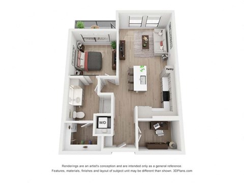 Floor plan for 1 bed, 1 bath, 755 sqft